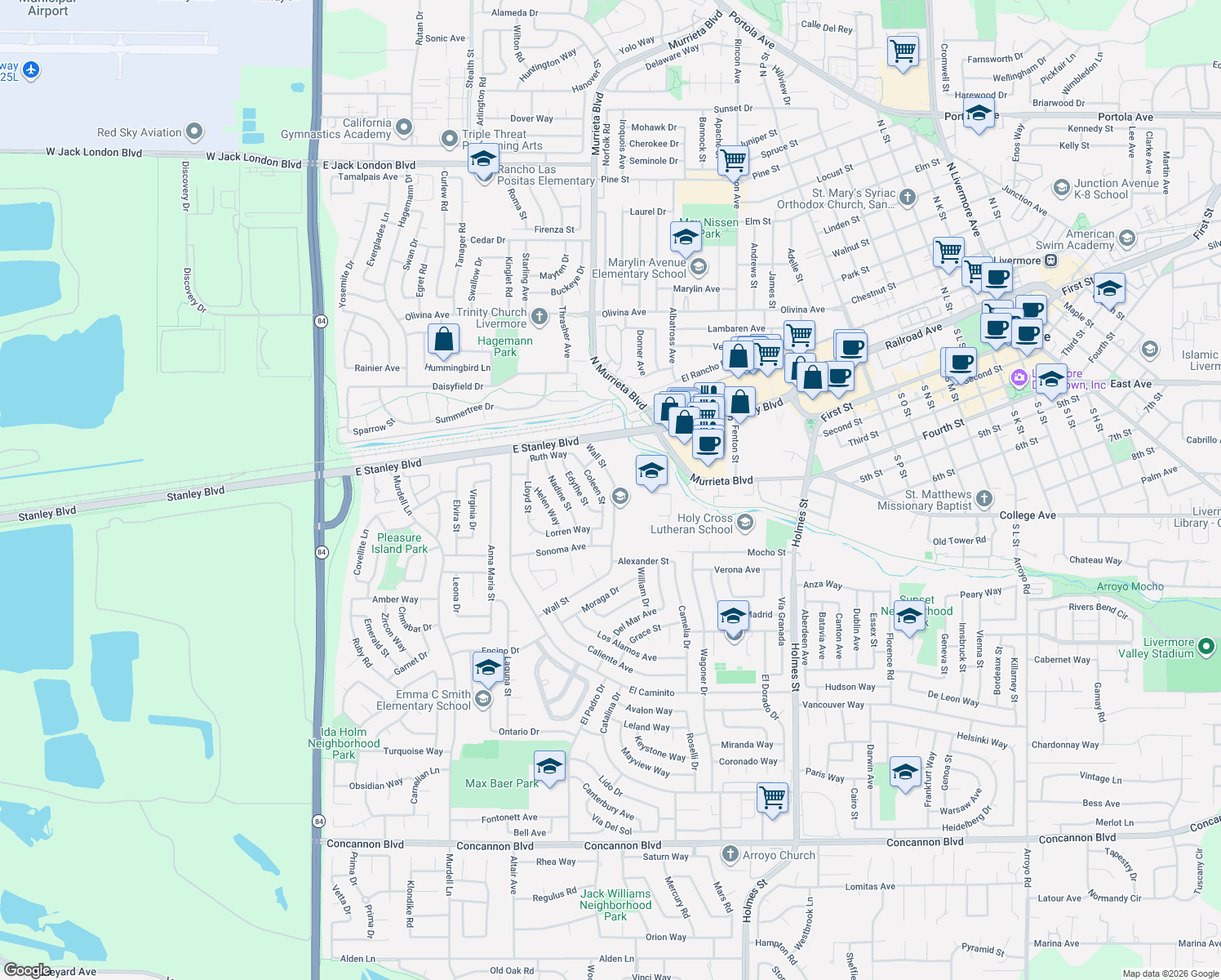 map of restaurants, bars, coffee shops, grocery stores, and more near 315 Wall Street in Livermore