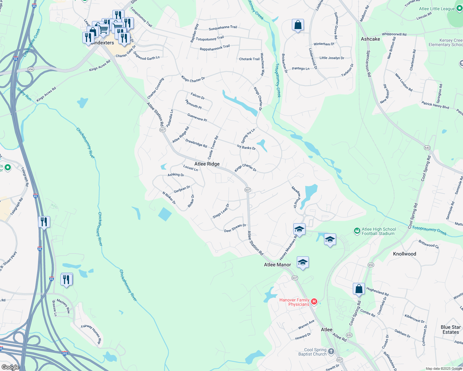 map of restaurants, bars, coffee shops, grocery stores, and more near 9343 Berry Farm Court in Mechanicsville