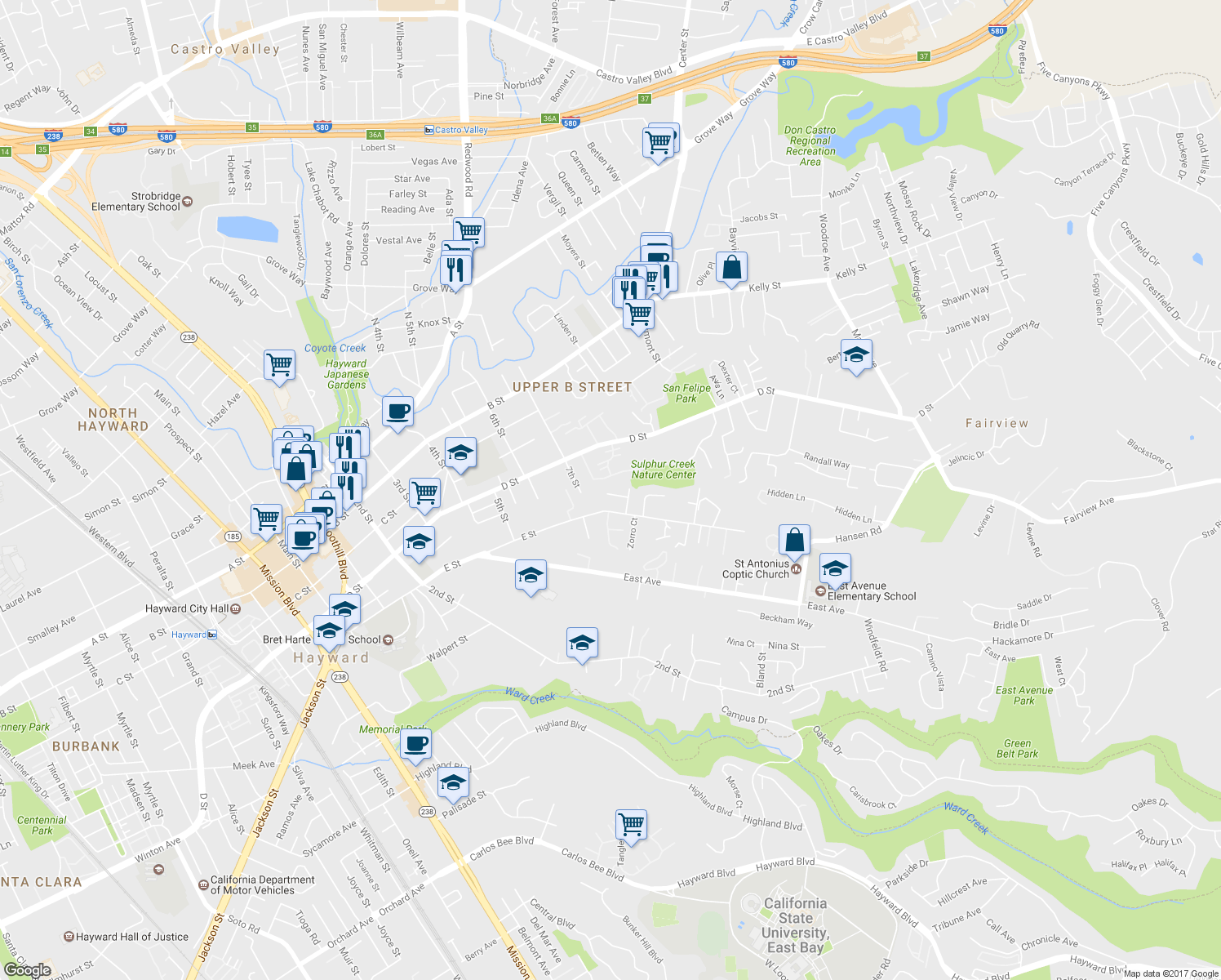 map of restaurants, bars, coffee shops, grocery stores, and more near 1748 Germaine Court in Hayward