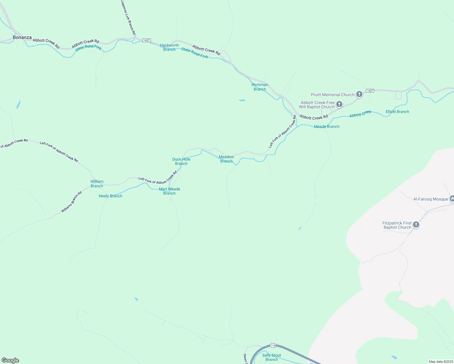map of restaurants, bars, coffee shops, grocery stores, and more near Green Meadow Branch in Floyd County