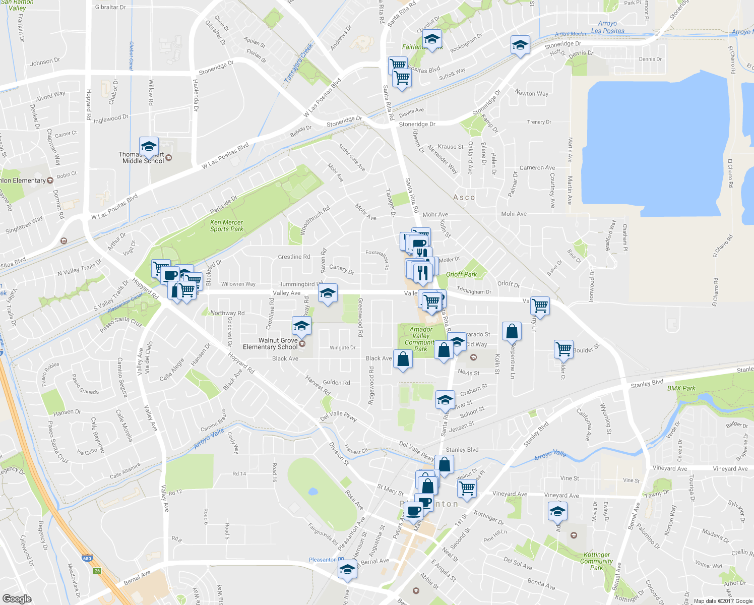 map of restaurants, bars, coffee shops, grocery stores, and more near 1885 Brooktree Way in Pleasanton