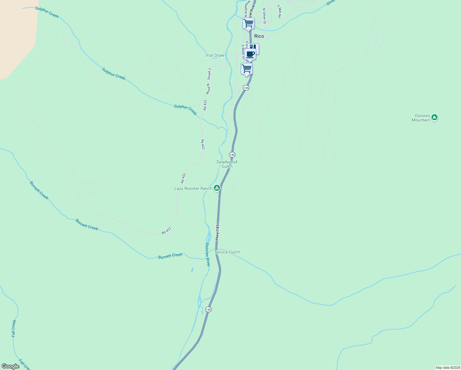 map of restaurants, bars, coffee shops, grocery stores, and more near Colorado 145 in Dolores