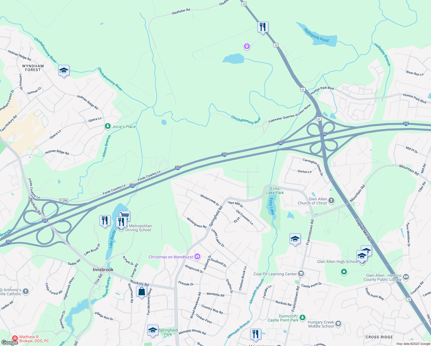 map of restaurants, bars, coffee shops, grocery stores, and more near 5518 Olde Hartley Way in Glen Allen