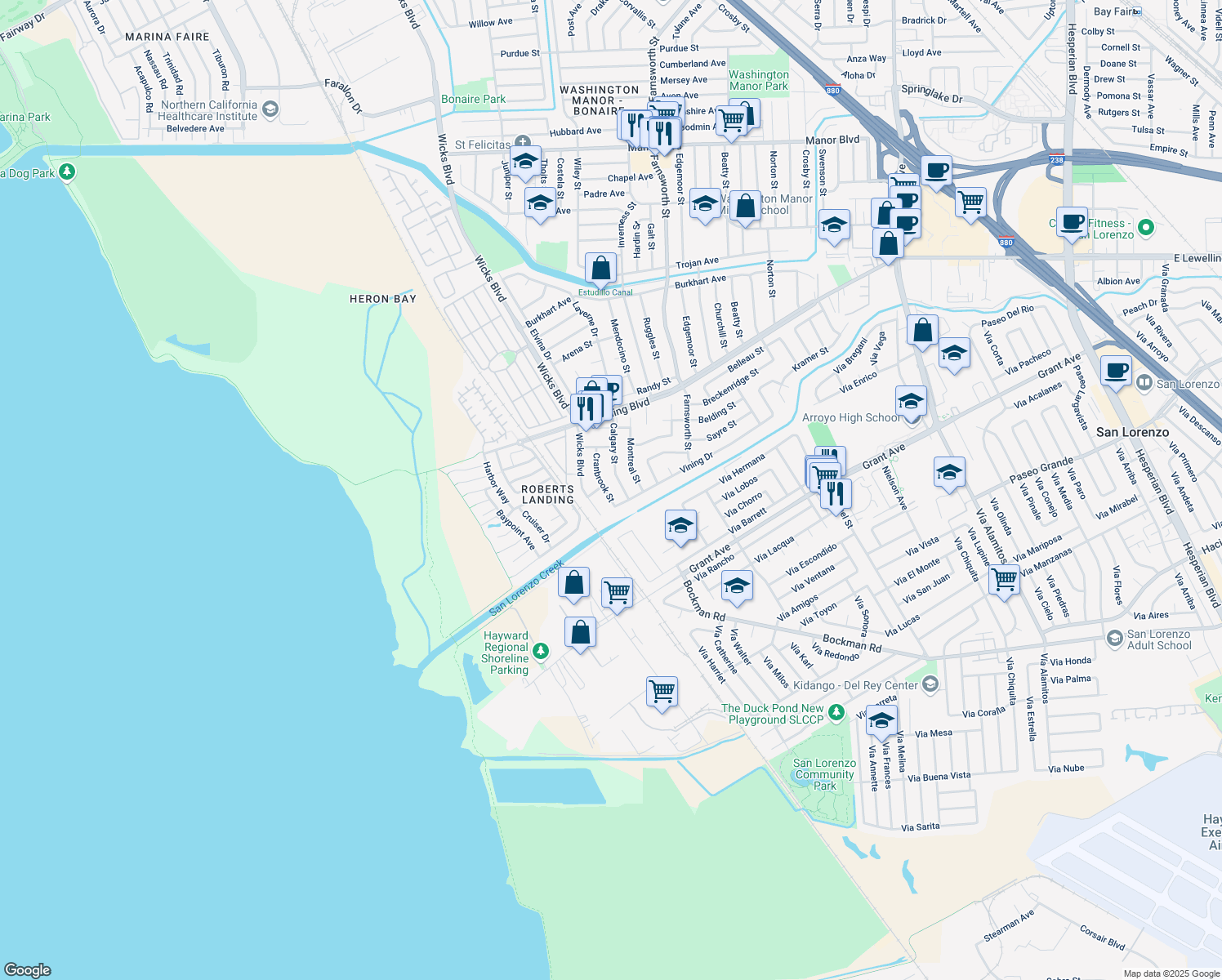 map of restaurants, bars, coffee shops, grocery stores, and more near 15660 Cranbrook Street in San Leandro