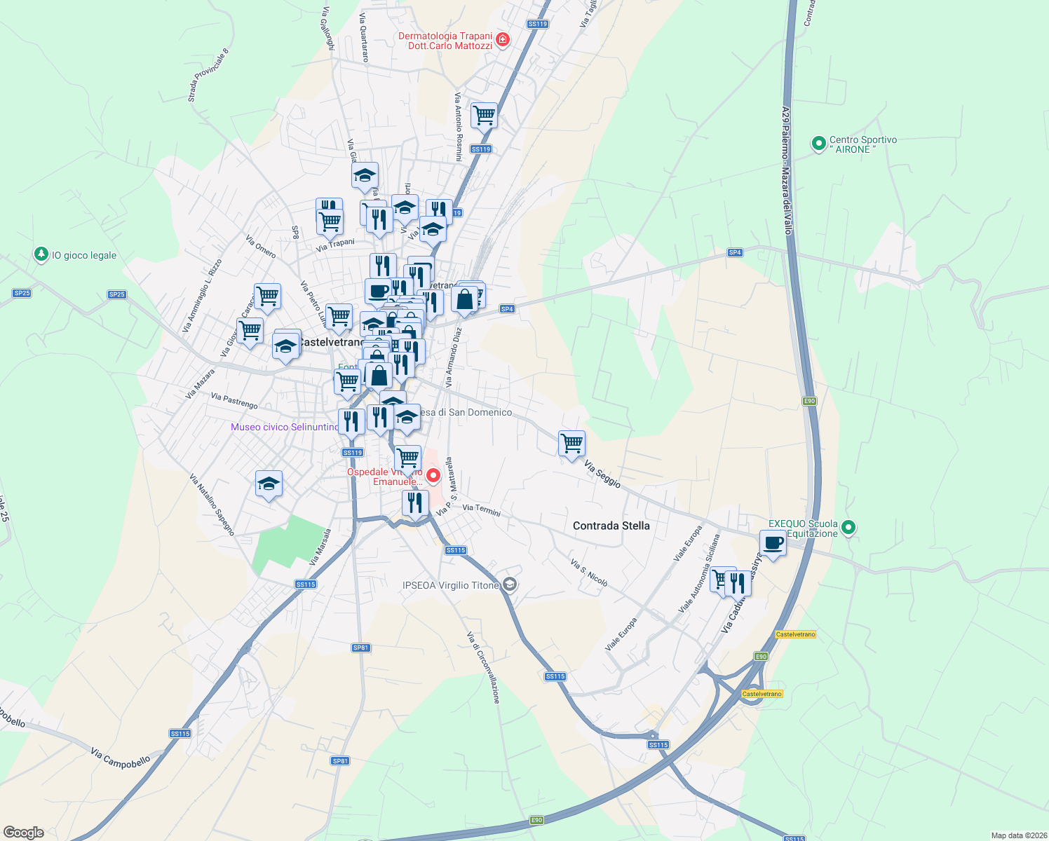 map of restaurants, bars, coffee shops, grocery stores, and more near 142 Via Seggio in Castelvetrano
