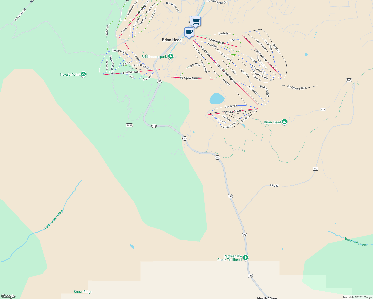 map of restaurants, bars, coffee shops, grocery stores, and more near 1119 Highway 143 in Brian Head