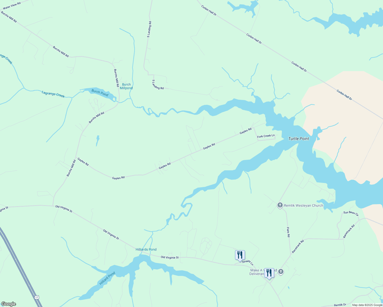 map of restaurants, bars, coffee shops, grocery stores, and more near 1165 Gayles Road in Urbanna
