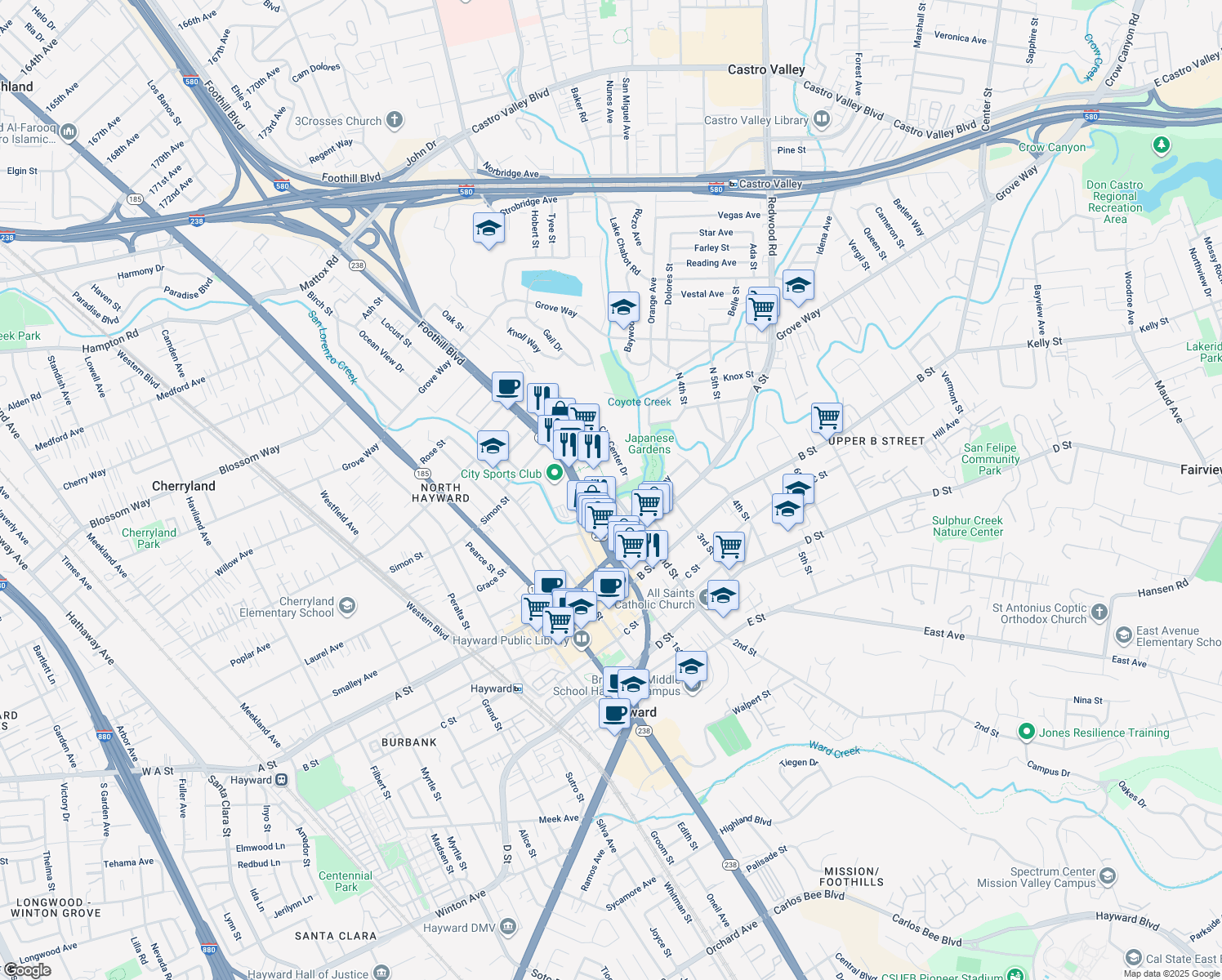 map of restaurants, bars, coffee shops, grocery stores, and more near 22399 City Center Drive in Hayward