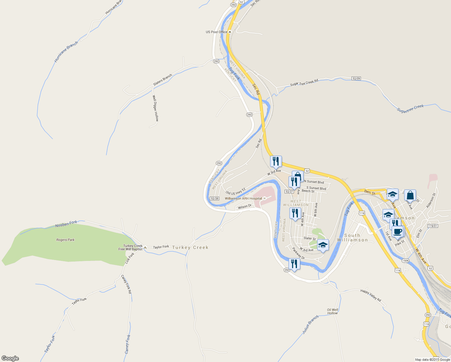 map of restaurants, bars, coffee shops, grocery stores, and more near 407 Persinger Dr in Williamson