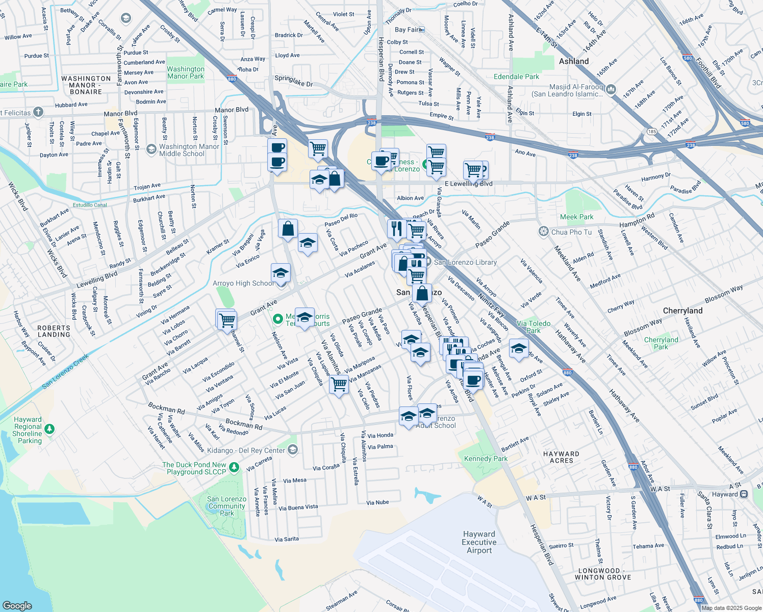 map of restaurants, bars, coffee shops, grocery stores, and more near 663 Paseo Grande in San Lorenzo
