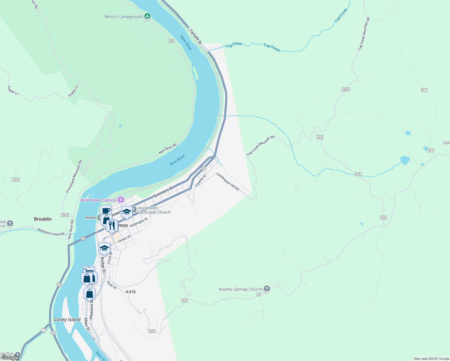 map of restaurants, bars, coffee shops, grocery stores, and more near Corporation Hill Rd in Hinton