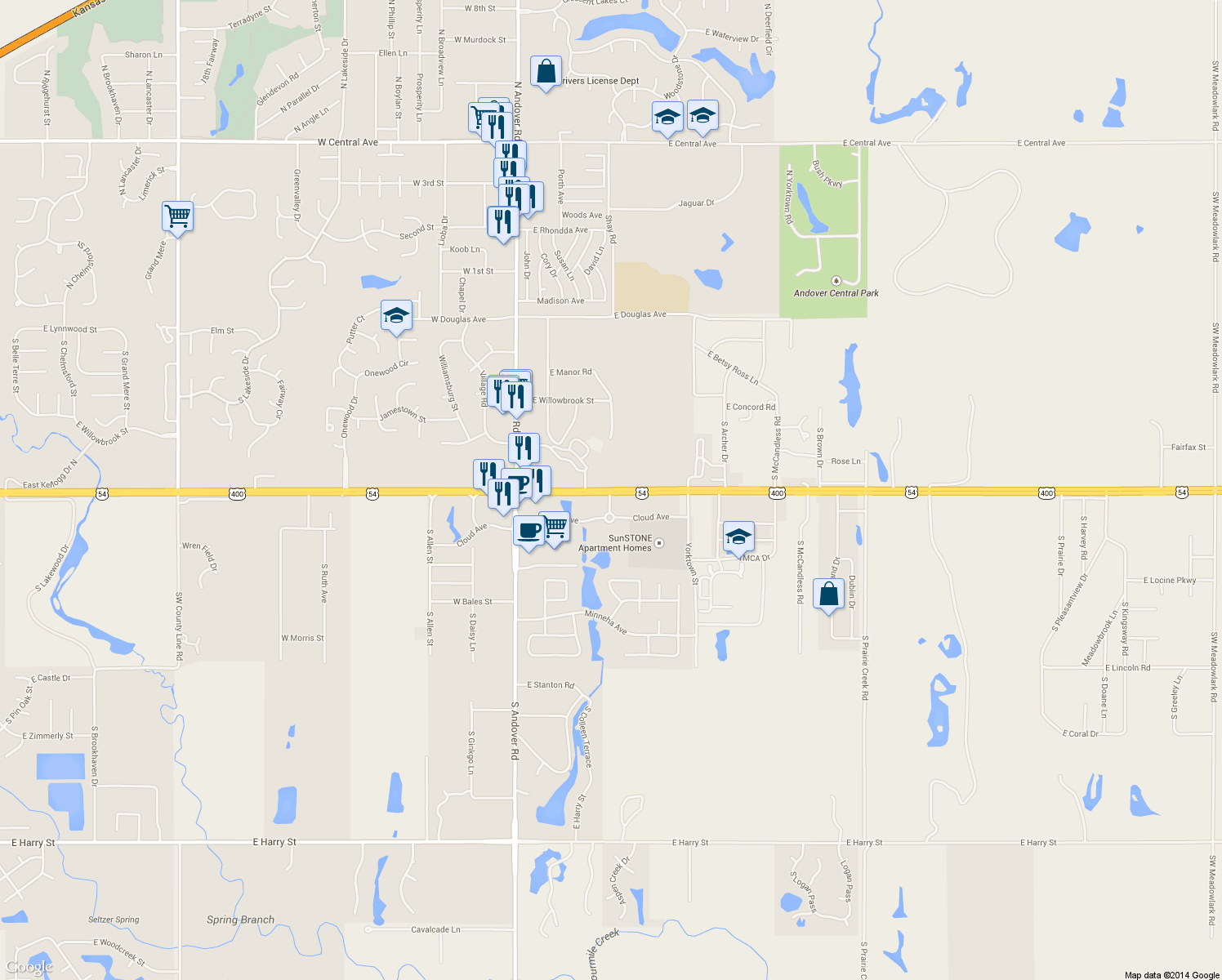 map of restaurants, bars, coffee shops, grocery stores, and more near 492 Old U.S. 54 in Andover