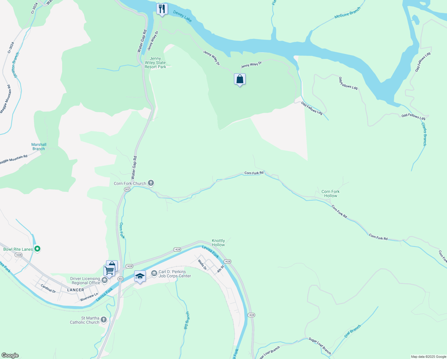 map of restaurants, bars, coffee shops, grocery stores, and more near Corn Fork Road in Prestonsburg