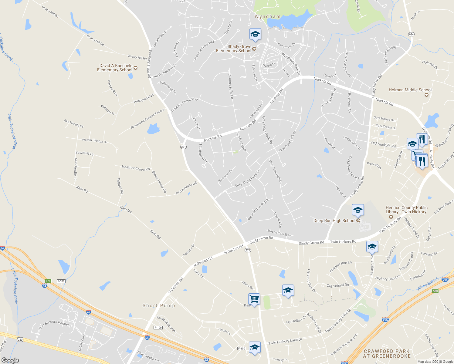 map of restaurants, bars, coffee shops, grocery stores, and more near 5108 Blairmont Drive in Glen Allen