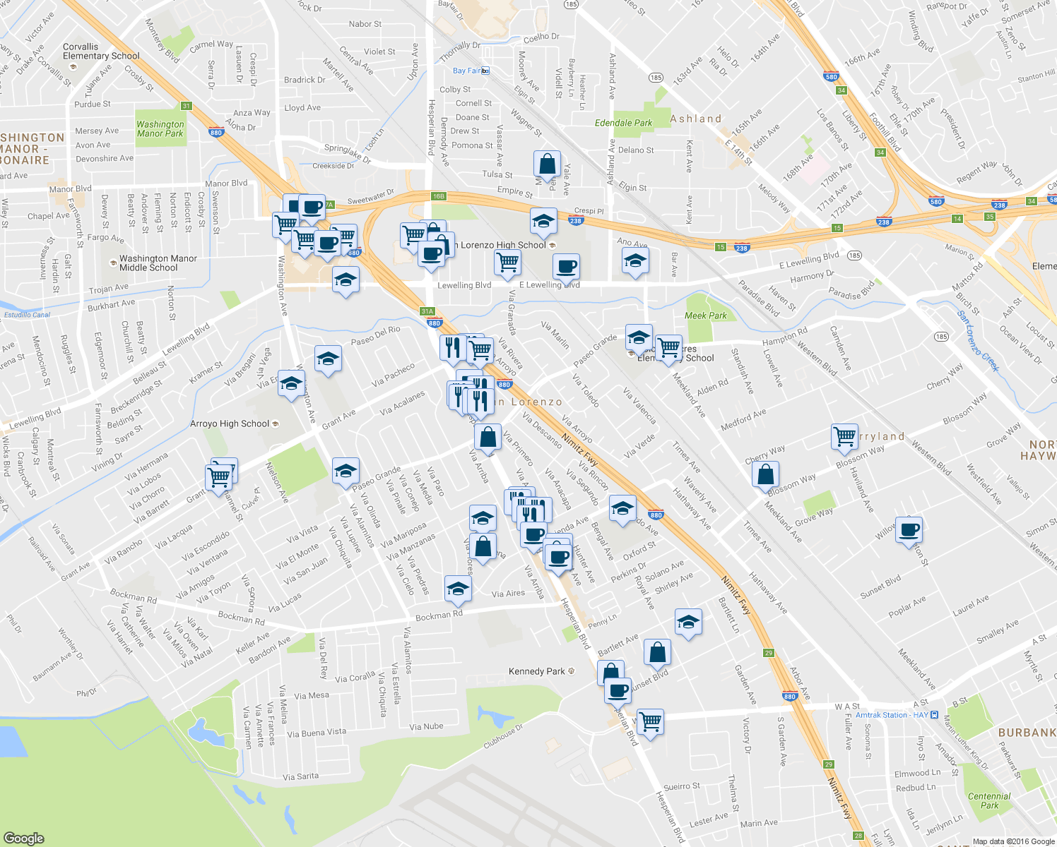 map of restaurants, bars, coffee shops, grocery stores, and more near 16043 Vía Descanso in San Lorenzo