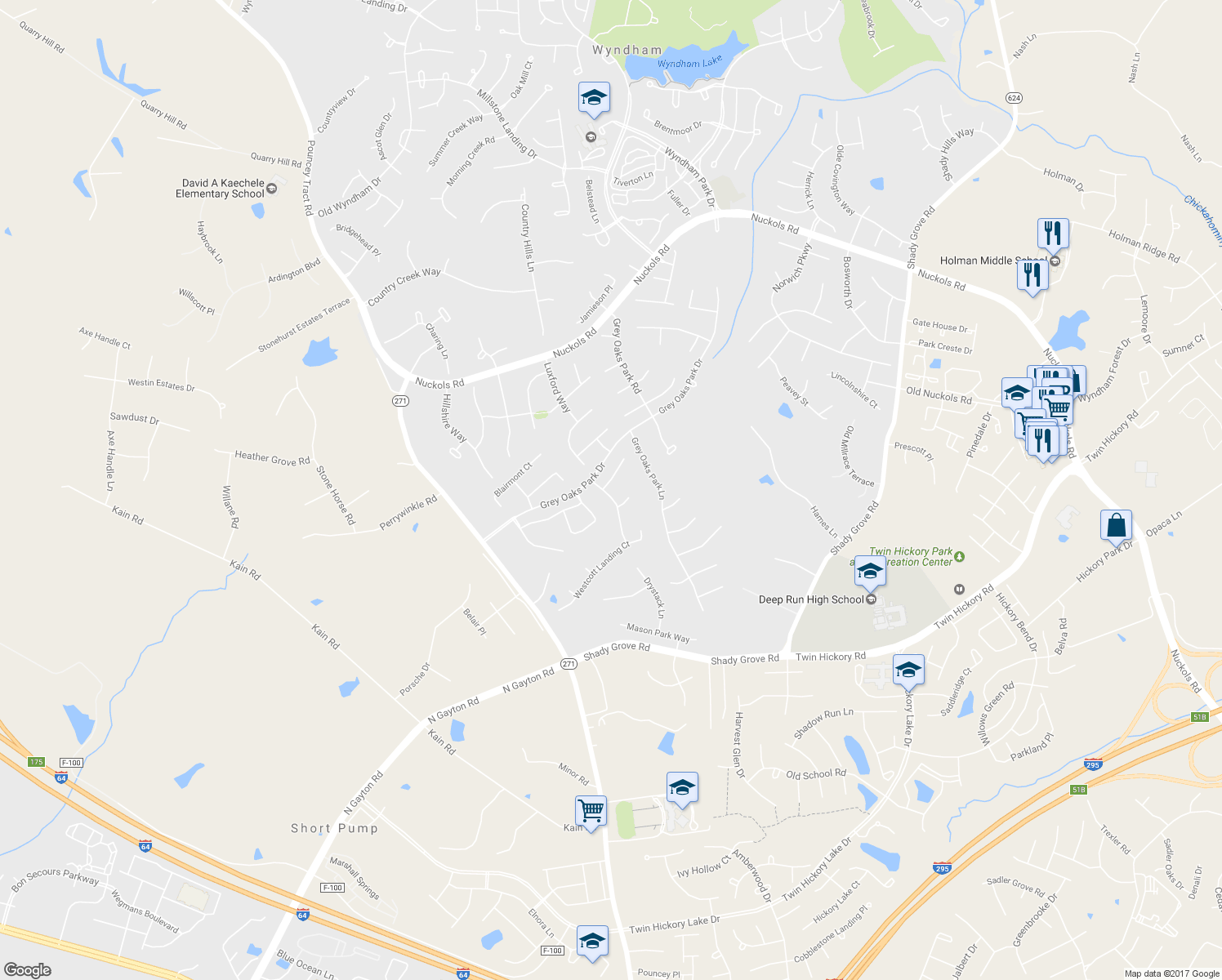 map of restaurants, bars, coffee shops, grocery stores, and more near 5032 Westcott Ridge Drive in Glen Allen
