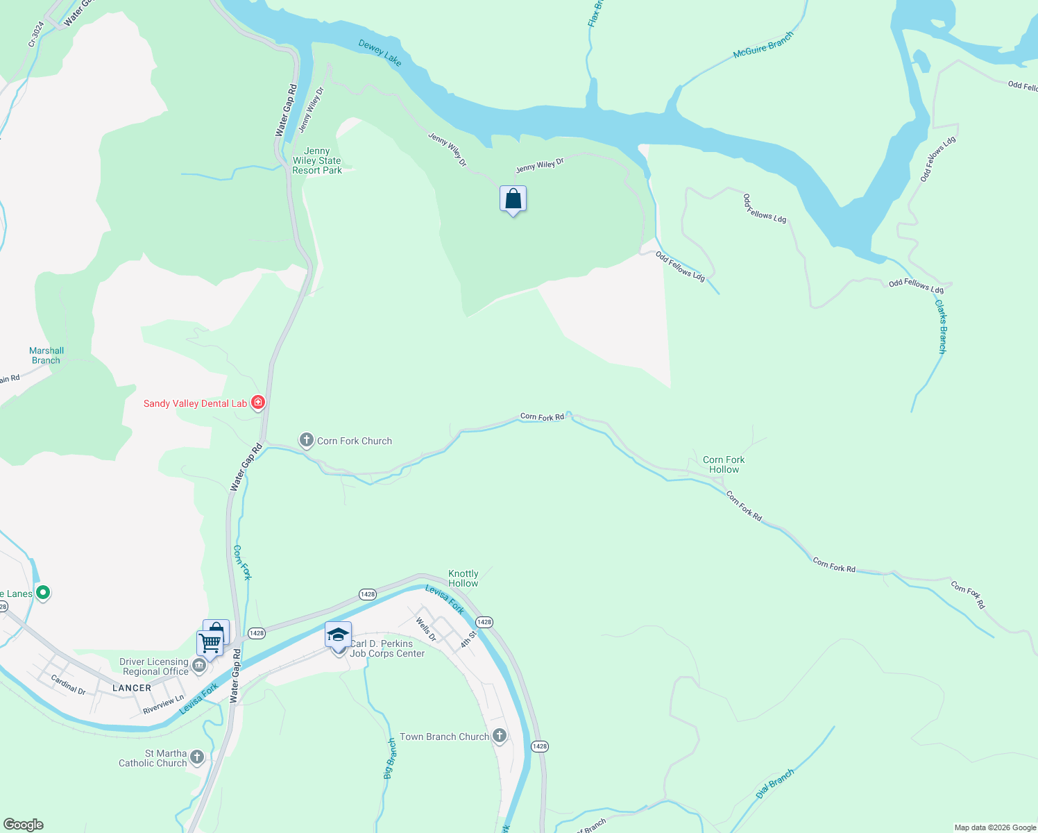 map of restaurants, bars, coffee shops, grocery stores, and more near Corn Fork Road in Prestonsburg