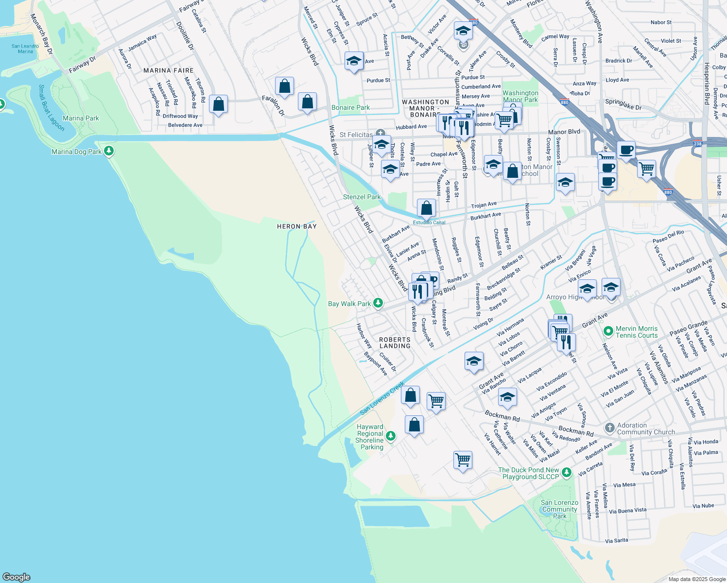map of restaurants, bars, coffee shops, grocery stores, and more near 2223 Kingfisher Ct in San Leandro