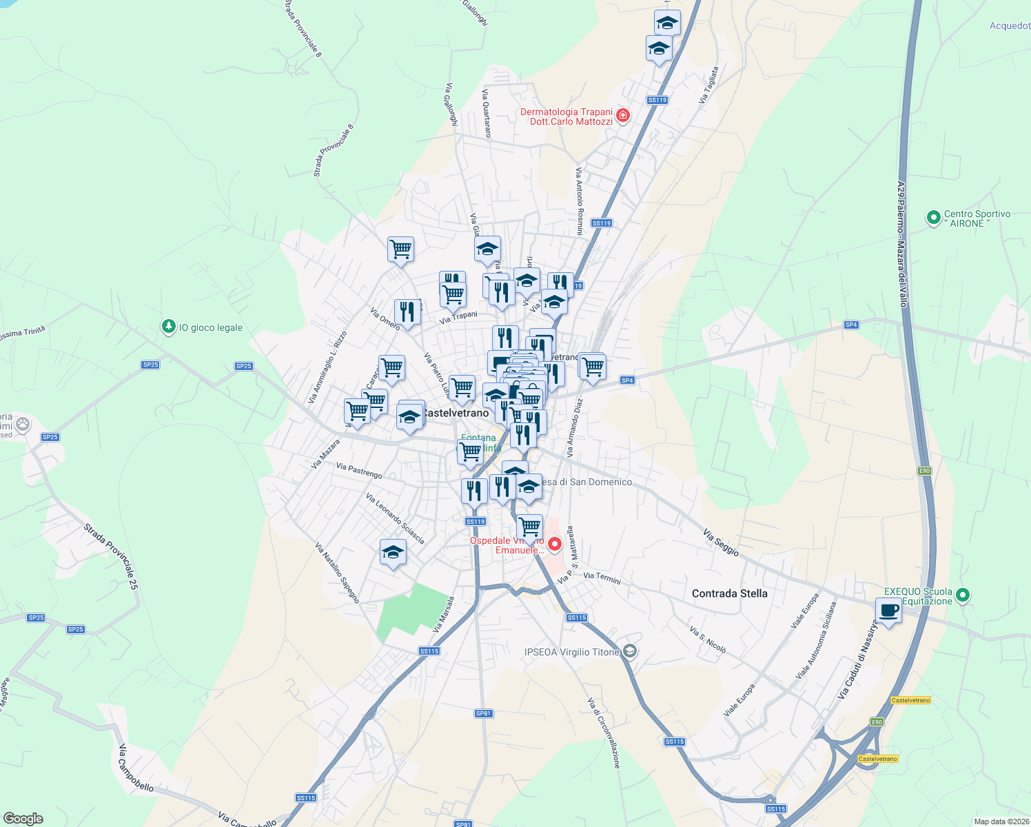 map of restaurants, bars, coffee shops, grocery stores, and more near 1 Via B. Ricasoli in Castelvetrano