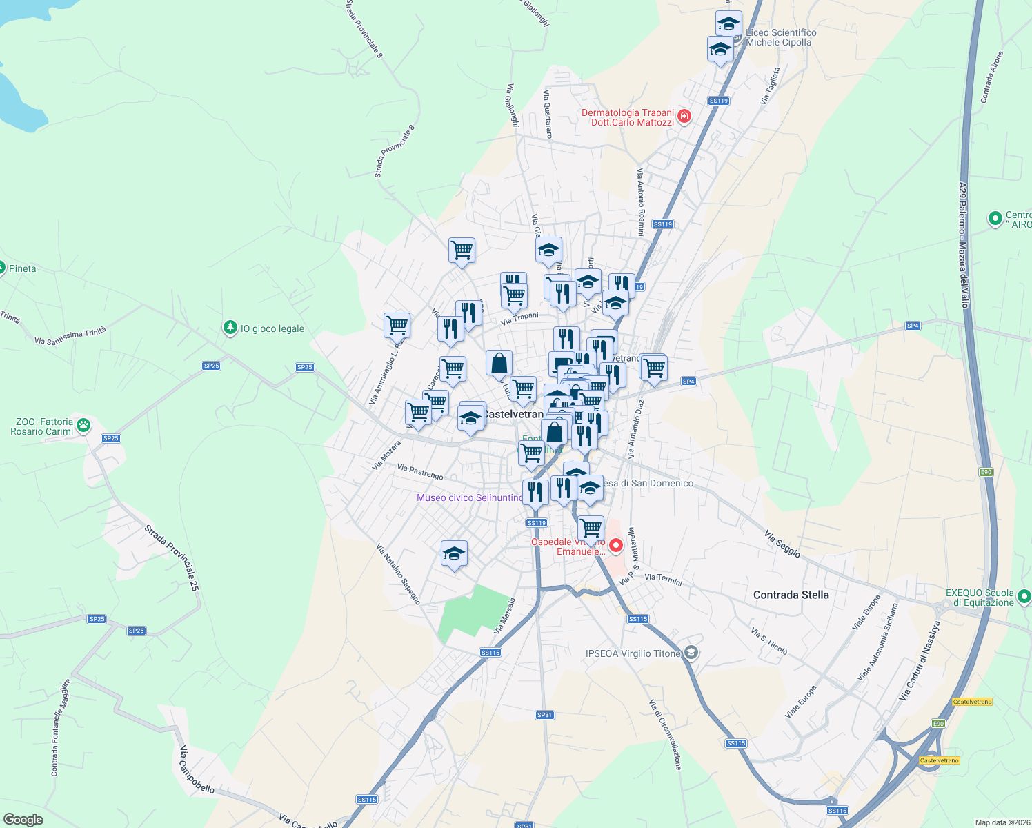 map of restaurants, bars, coffee shops, grocery stores, and more near 12 Piazza Diodoro Siculo in Castelvetrano