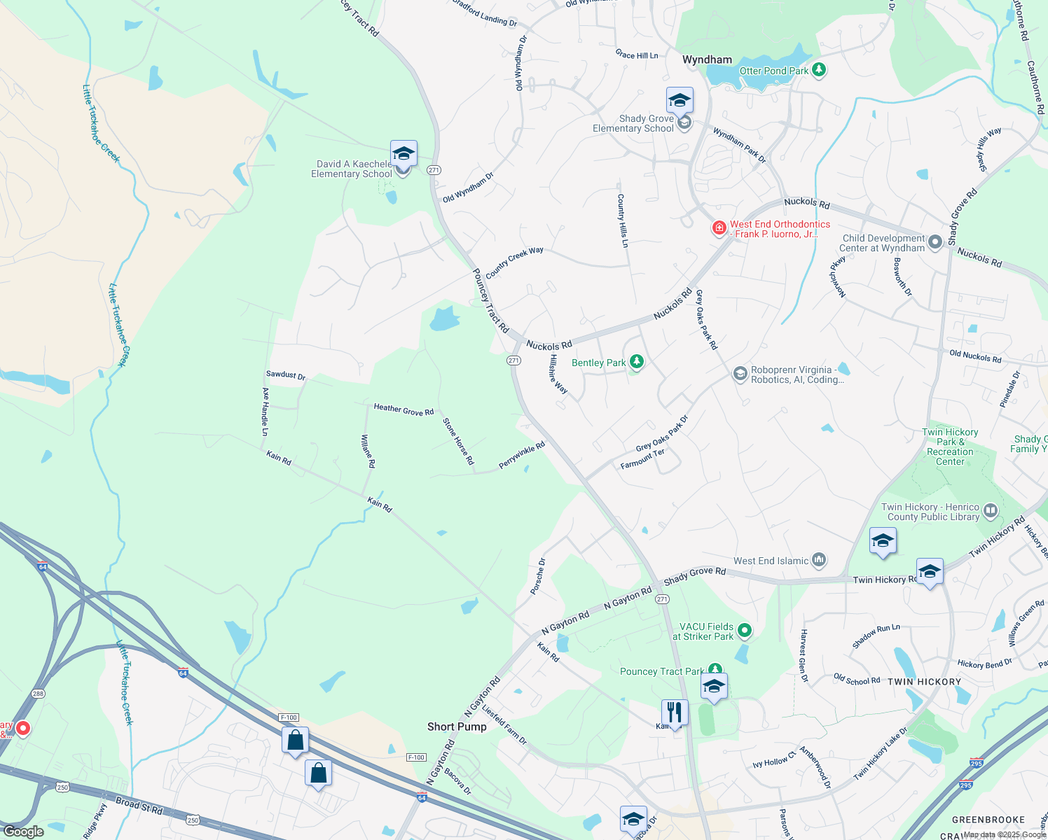 map of restaurants, bars, coffee shops, grocery stores, and more near 5288 Pouncey Tract Road in Glen Allen