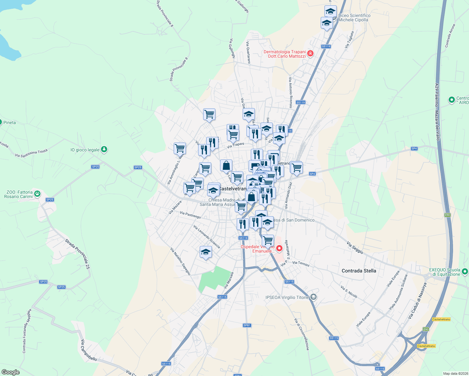 map of restaurants, bars, coffee shops, grocery stores, and more near 18 Piazza Diodoro Siculo in Castelvetrano