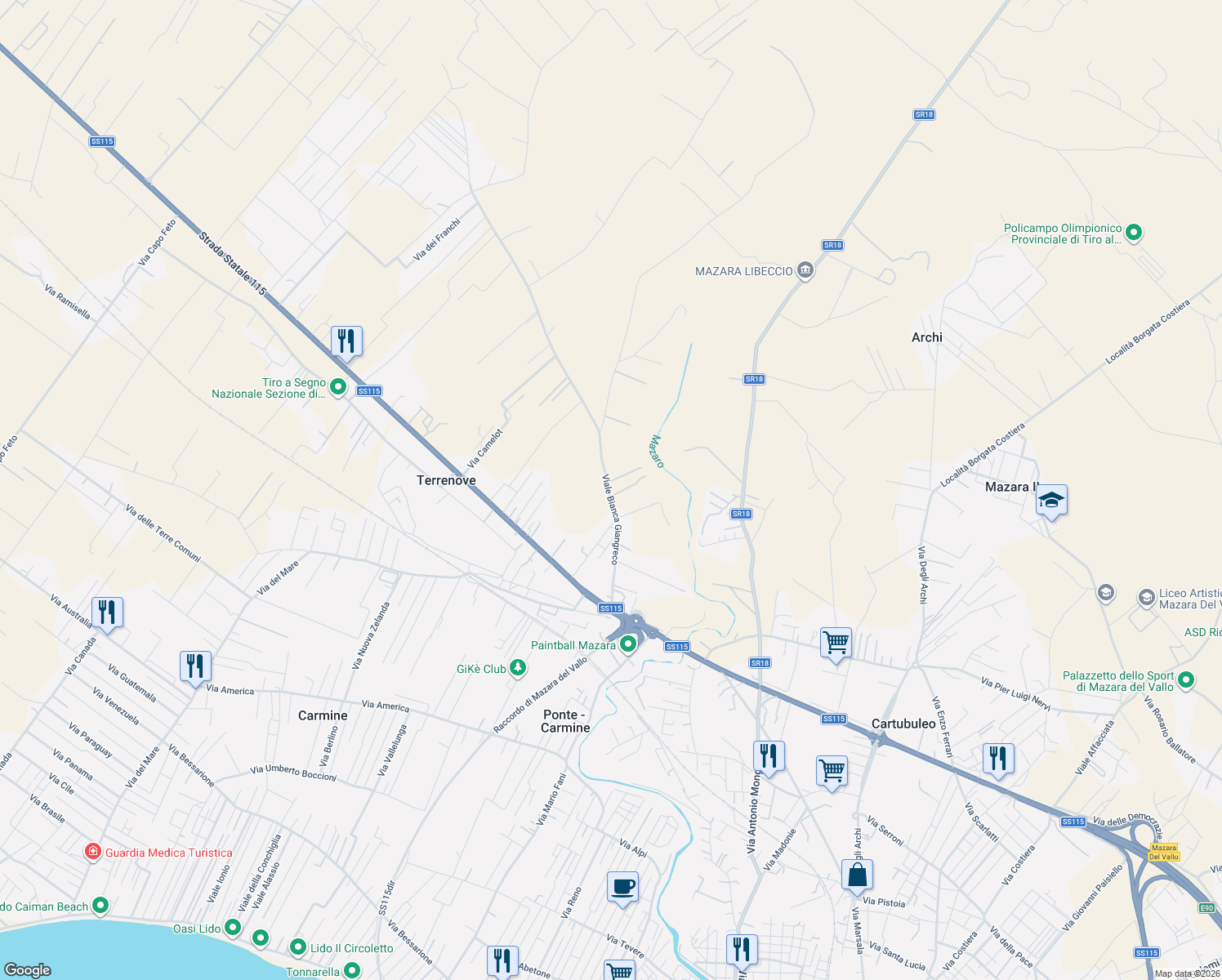 map of restaurants, bars, coffee shops, grocery stores, and more near 32 Viale Bianca Giangreco in Libero consorzio comunale di Trapani