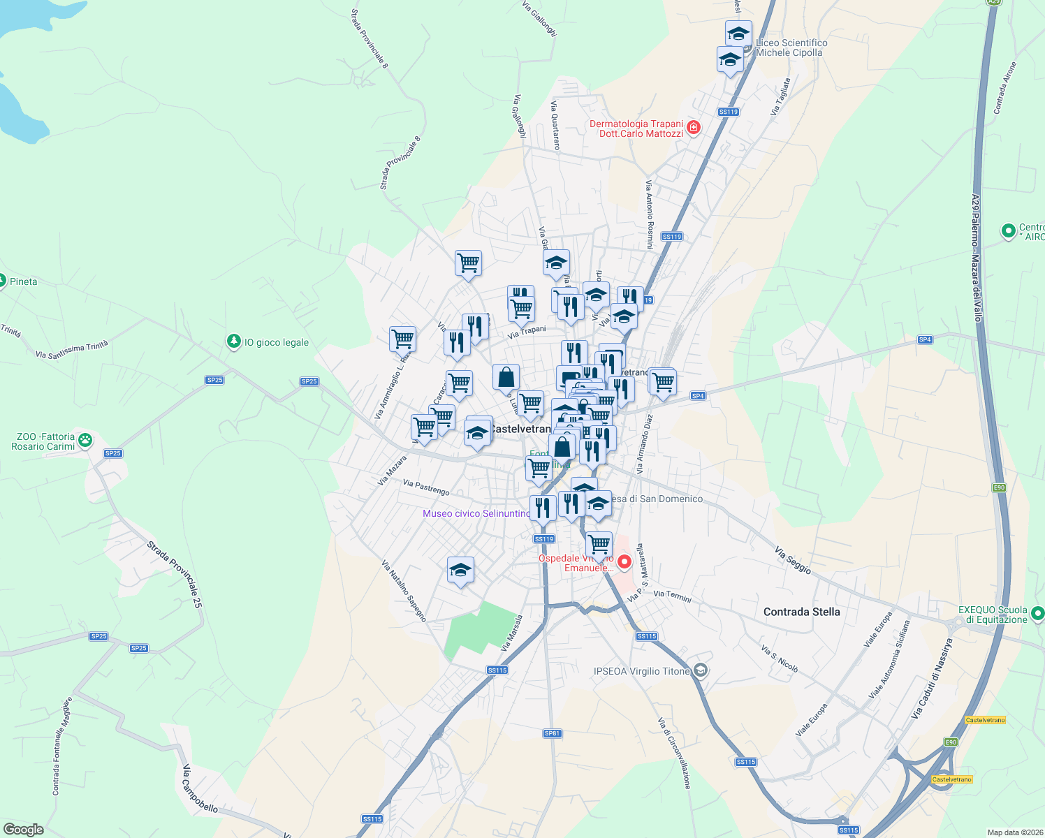 map of restaurants, bars, coffee shops, grocery stores, and more near 12 Piazza Diodoro Siculo in Castelvetrano