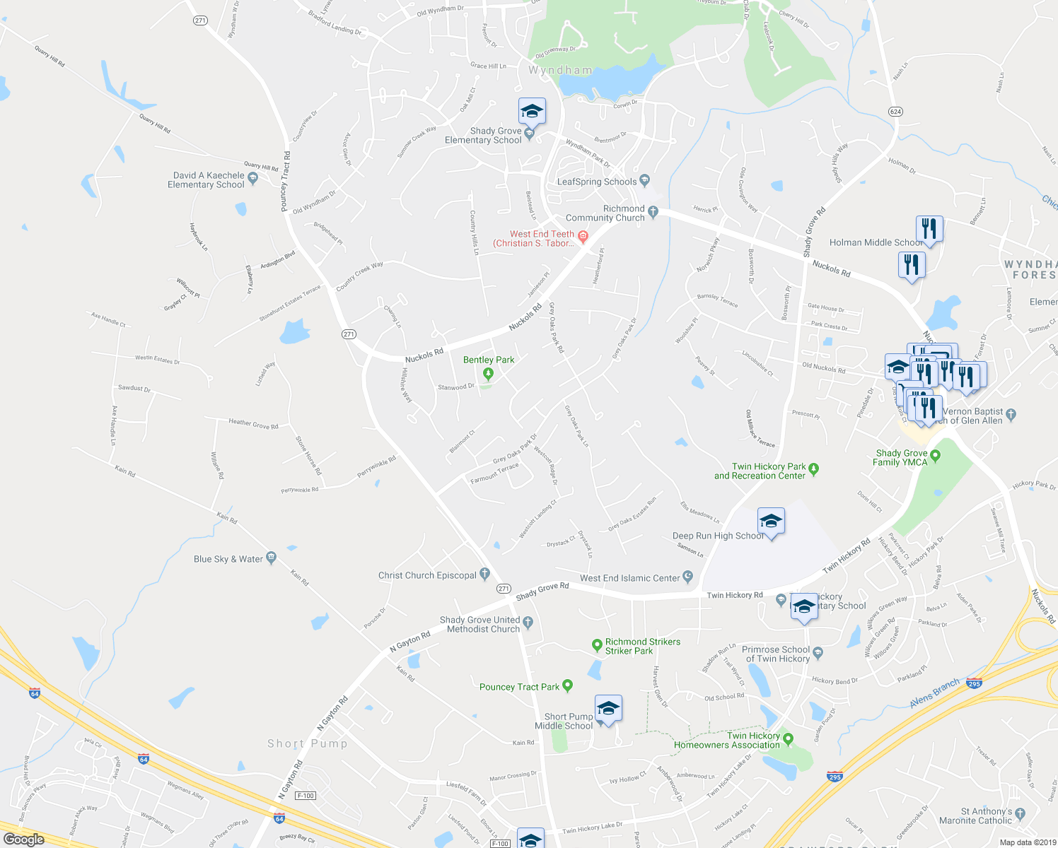 map of restaurants, bars, coffee shops, grocery stores, and more near 12053 Stonewick Place in Glen Allen