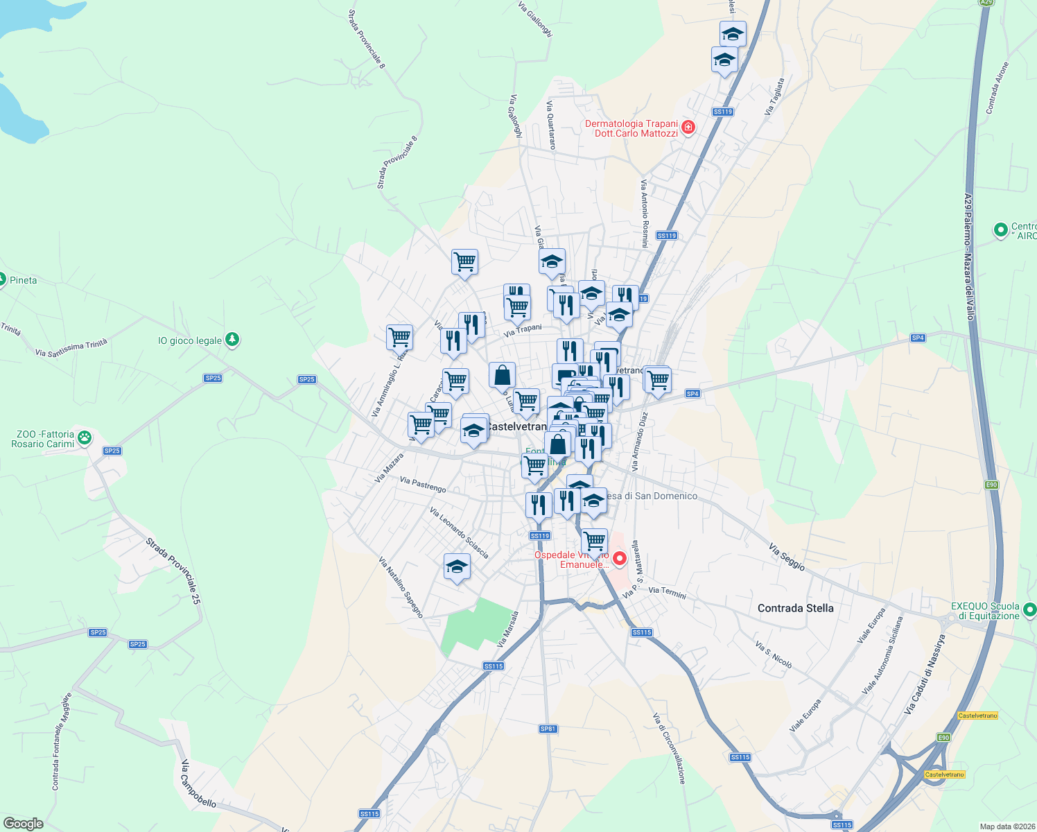 map of restaurants, bars, coffee shops, grocery stores, and more near 18 Piazza Diodoro Siculo in Castelvetrano