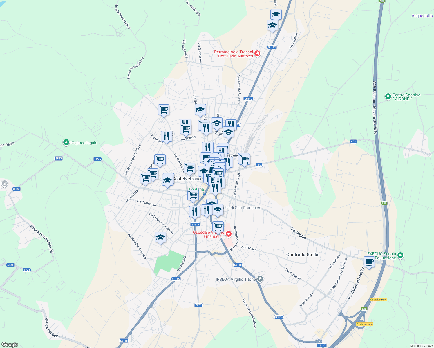 map of restaurants, bars, coffee shops, grocery stores, and more near 1 Via B. Ricasoli in Castelvetrano
