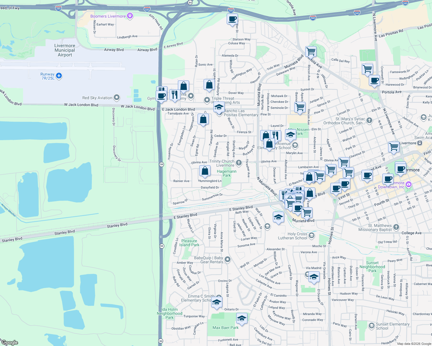 map of restaurants, bars, coffee shops, grocery stores, and more near 249 Flicker Court in Livermore