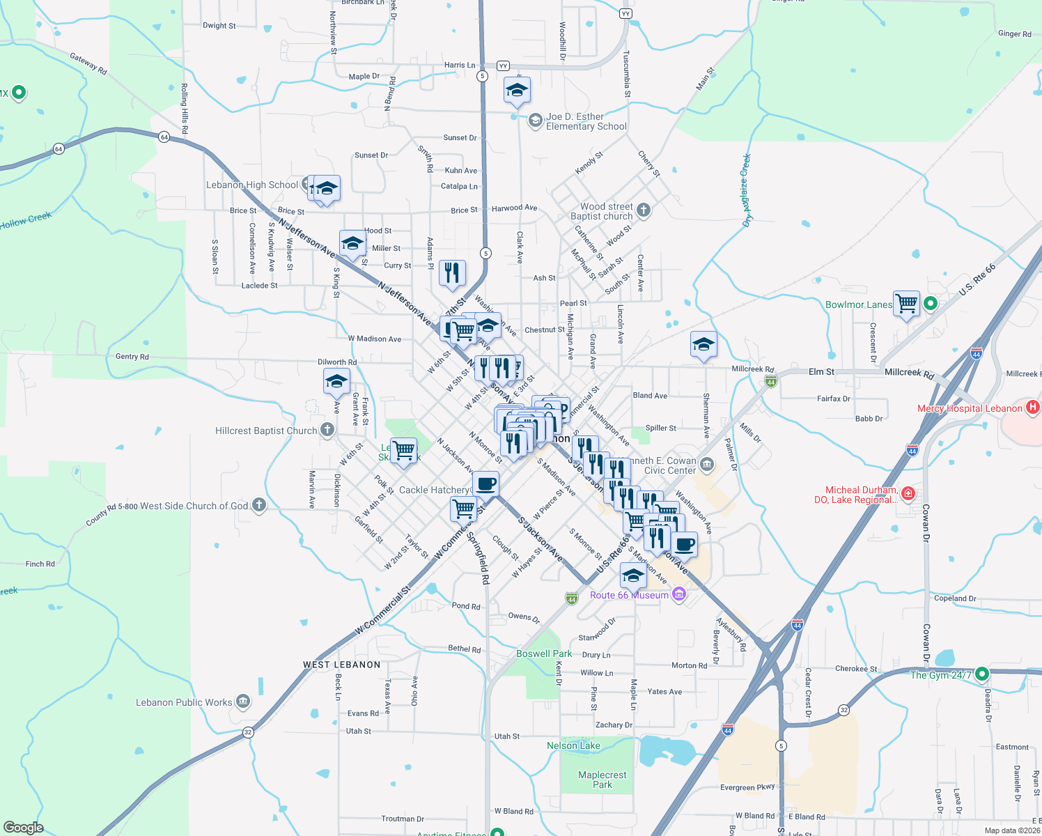 map of restaurants, bars, coffee shops, grocery stores, and more near 201 North Jefferson Avenue in Lebanon
