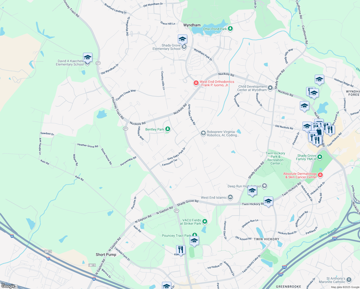 map of restaurants, bars, coffee shops, grocery stores, and more near 12049 Stonewick Place in Glen Allen