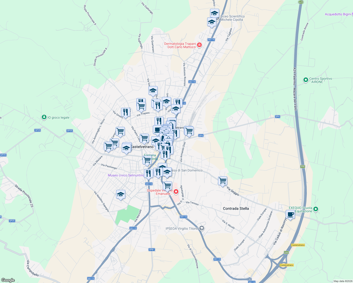map of restaurants, bars, coffee shops, grocery stores, and more near 358 Via Domenico Scinò in Castelvetrano