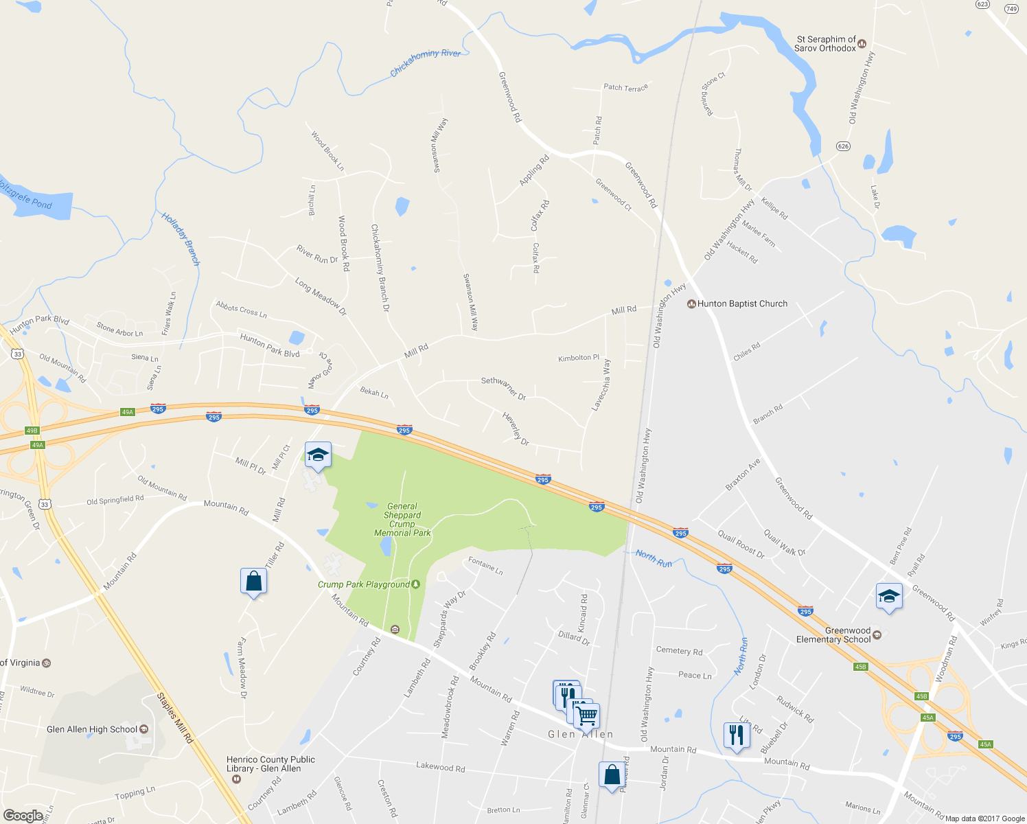 map of restaurants, bars, coffee shops, grocery stores, and more near 3744 Heverley Drive in Glen Allen