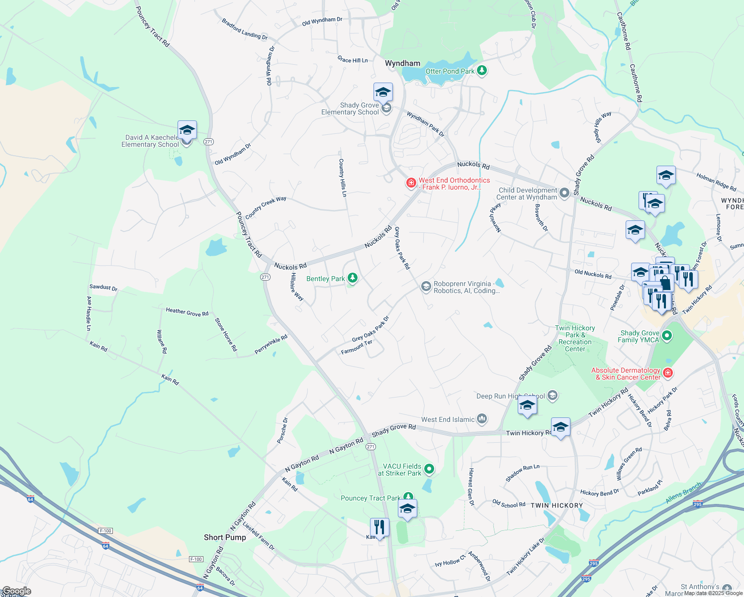 map of restaurants, bars, coffee shops, grocery stores, and more near 12029 Stonewick Place in Glen Allen