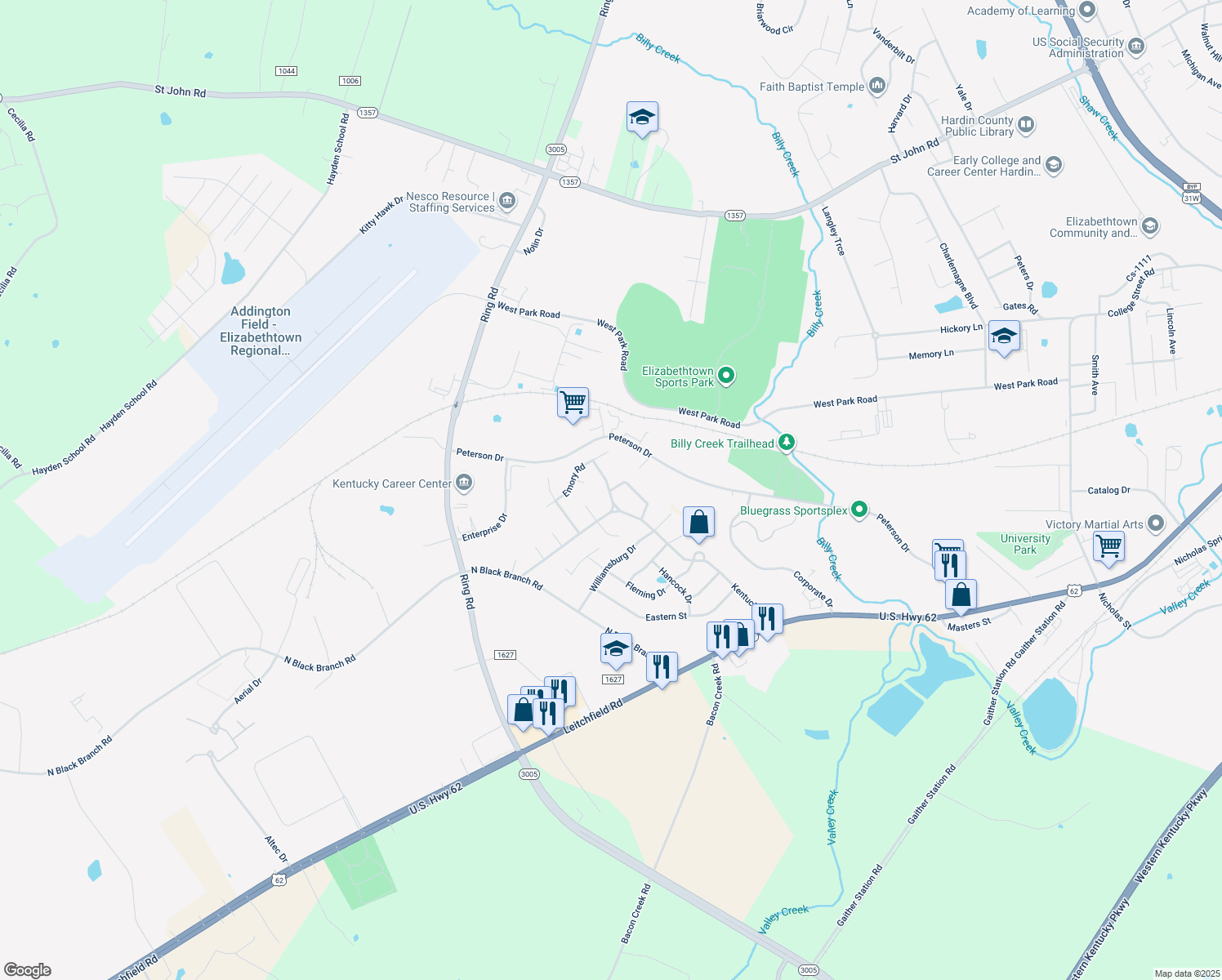 map of restaurants, bars, coffee shops, grocery stores, and more near 498 Berea Rd in Elizabethtown