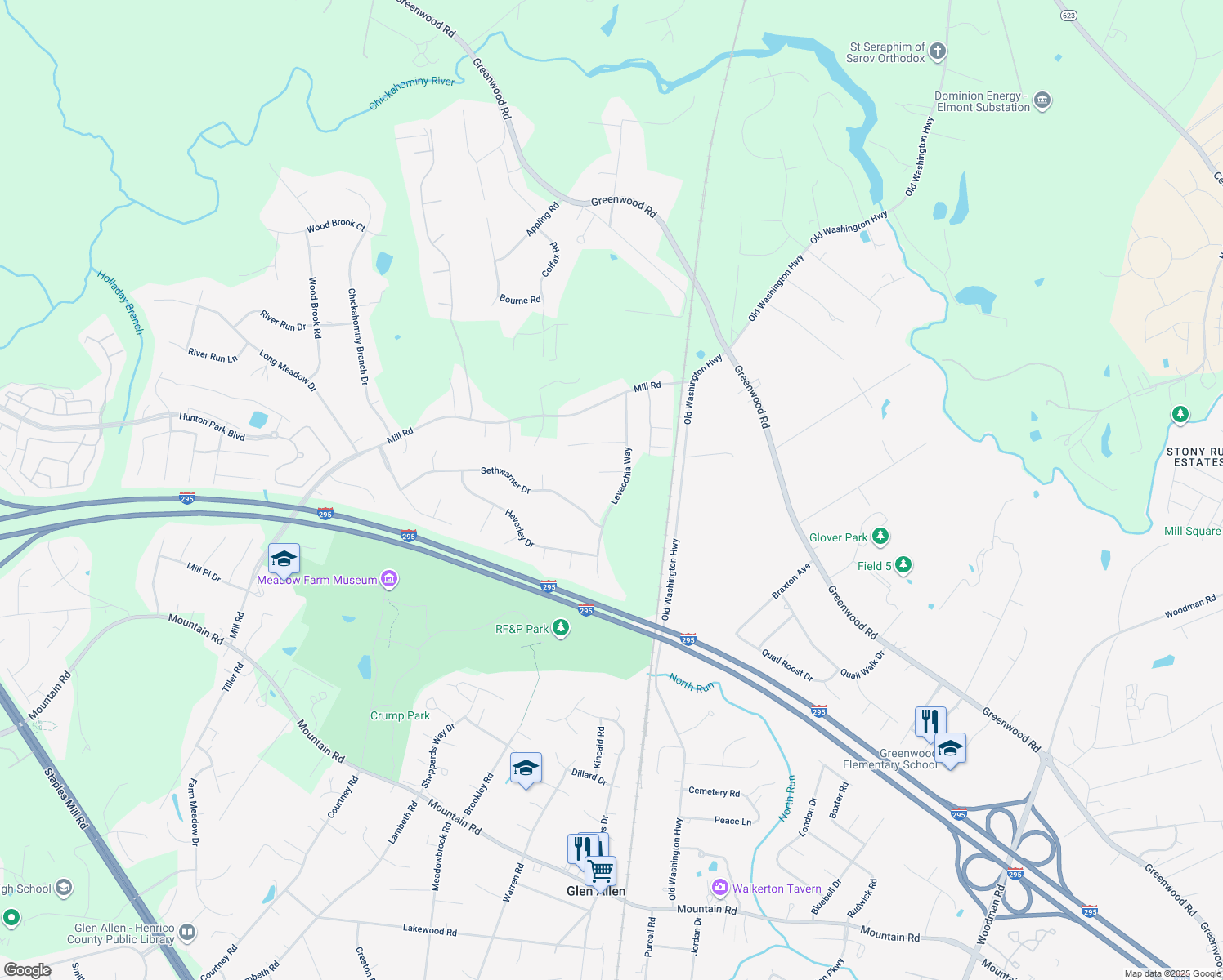 map of restaurants, bars, coffee shops, grocery stores, and more near 3313 Lavecchia Way in Glen Allen