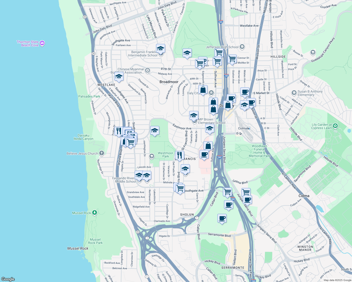 map of restaurants, bars, coffee shops, grocery stores, and more near Saint James Court in Daly City