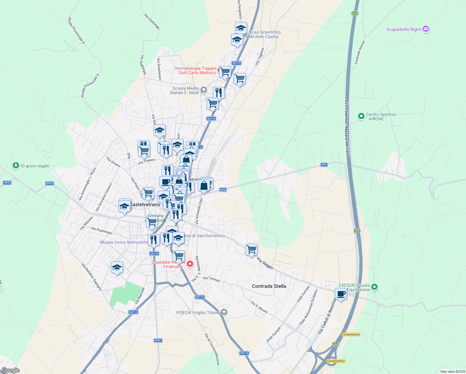 map of restaurants, bars, coffee shops, grocery stores, and more near 114 Via Partanna in Castelvetrano