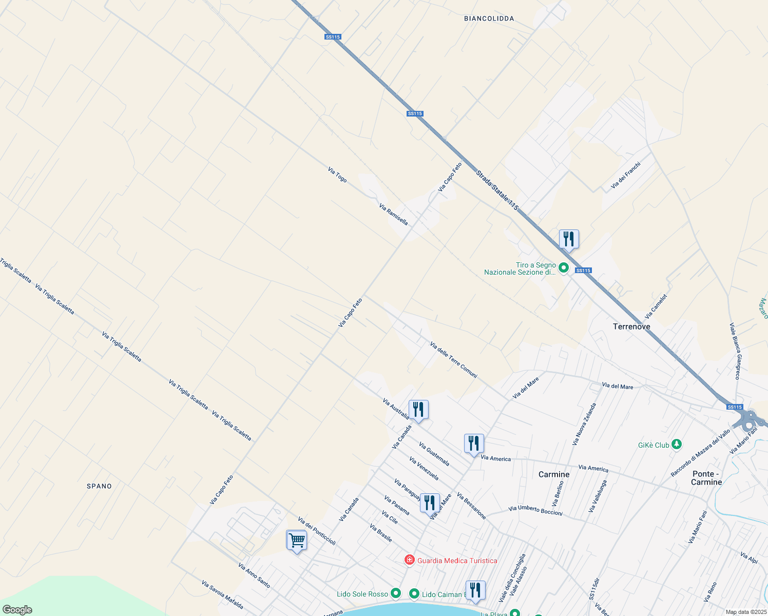 map of restaurants, bars, coffee shops, grocery stores, and more near 98 Contrada Carmine in Libero consorzio comunale di Trapani