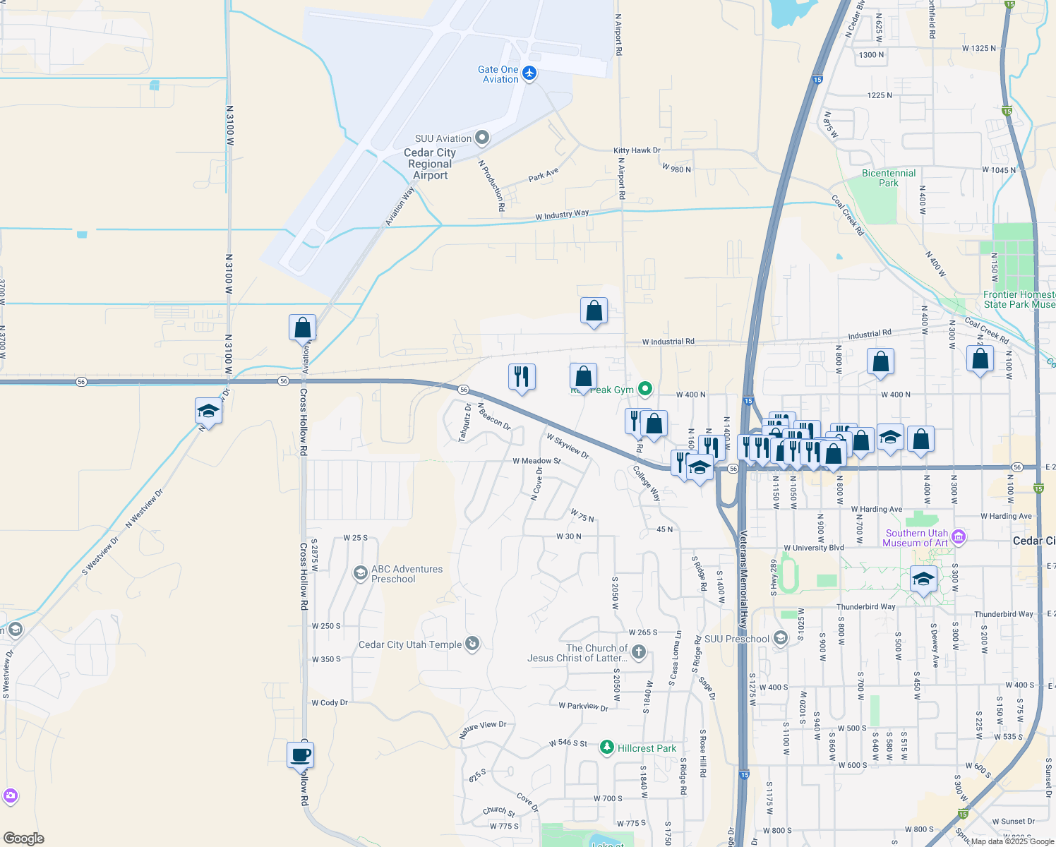 map of restaurants, bars, coffee shops, grocery stores, and more near 288 North Torrey Pines Circle in Cedar City