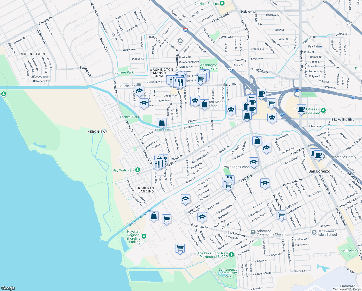 map of restaurants, bars, coffee shops, grocery stores, and more near 15359 Farnsworth Street in San Leandro