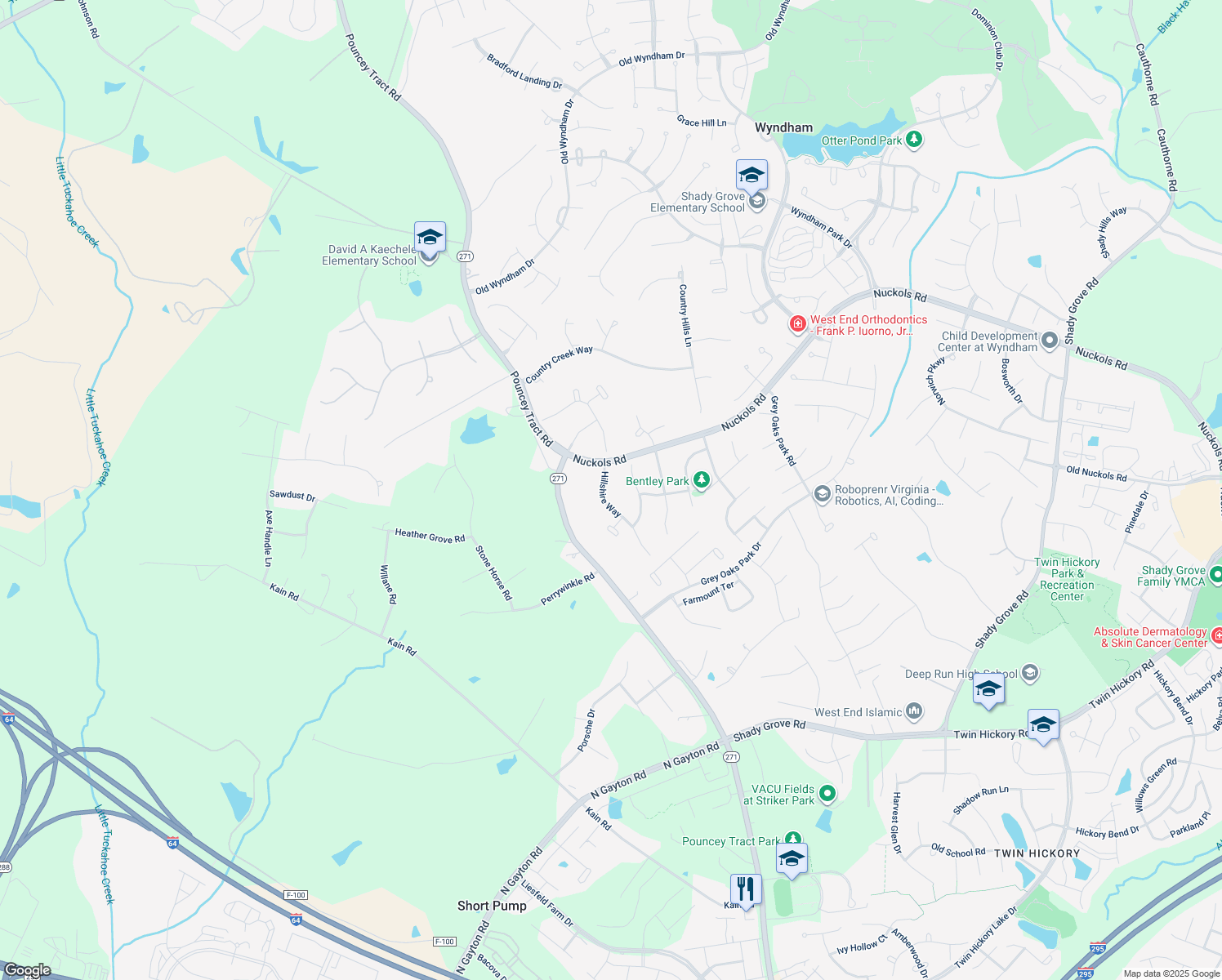 map of restaurants, bars, coffee shops, grocery stores, and more near 5425 Hillshire Way in Glen Allen