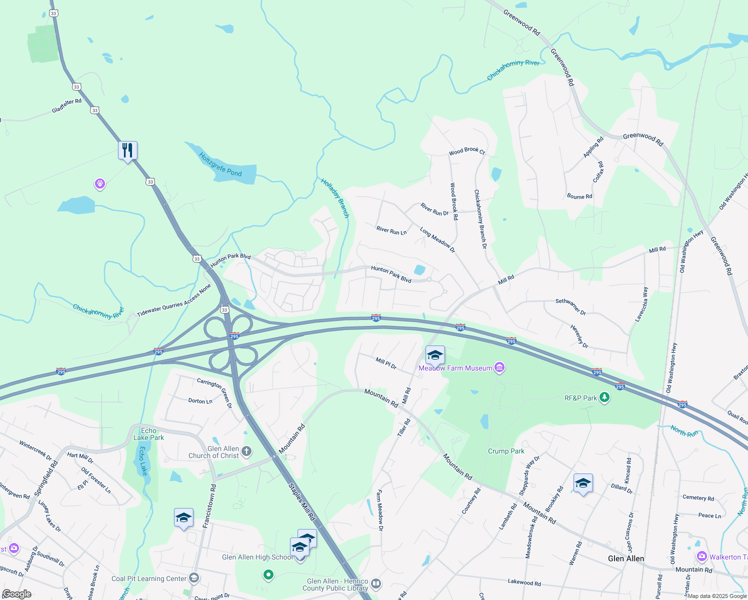 map of restaurants, bars, coffee shops, grocery stores, and more near 3540 Hunton Ridge Drive in Glen Allen