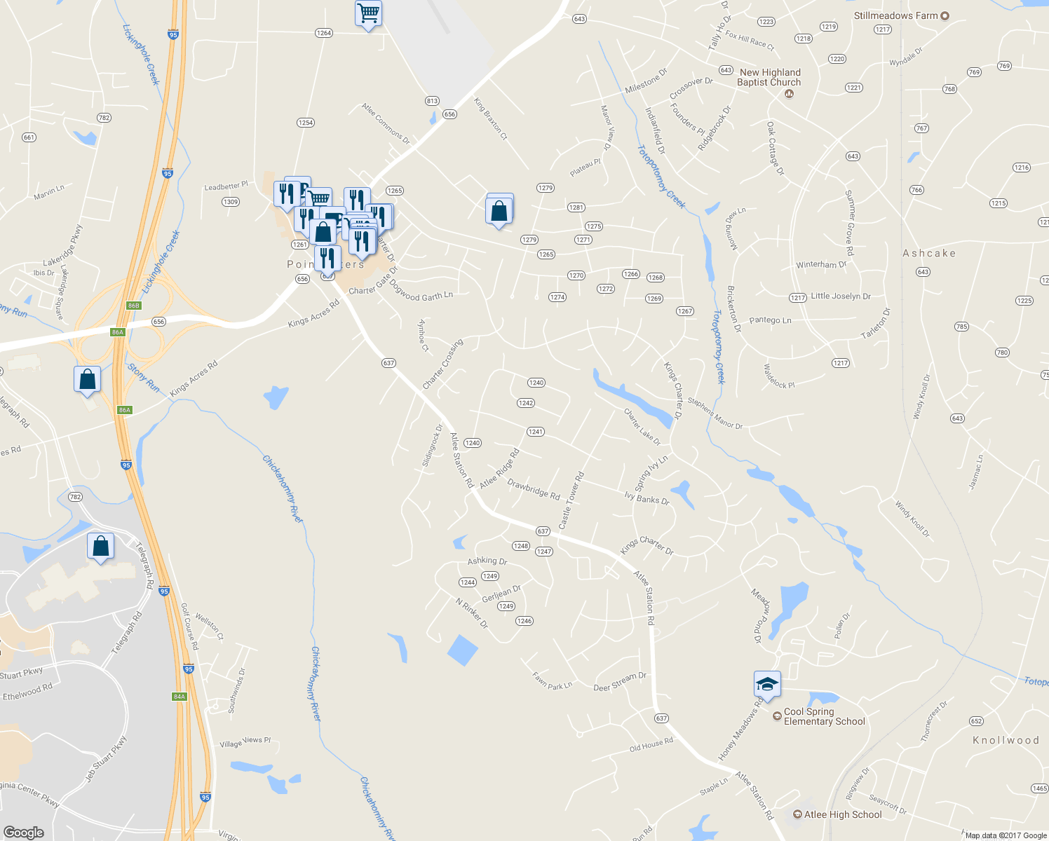map of restaurants, bars, coffee shops, grocery stores, and more near 9338 Guenevere Place in Mechanicsville