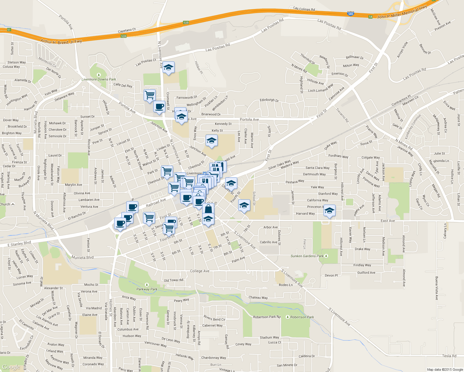 map of restaurants, bars, coffee shops, grocery stores, and more near 2659 Third Street in Livermore