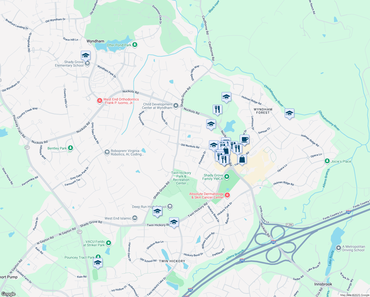 map of restaurants, bars, coffee shops, grocery stores, and more near 1640 New Haven Place in Glen Allen