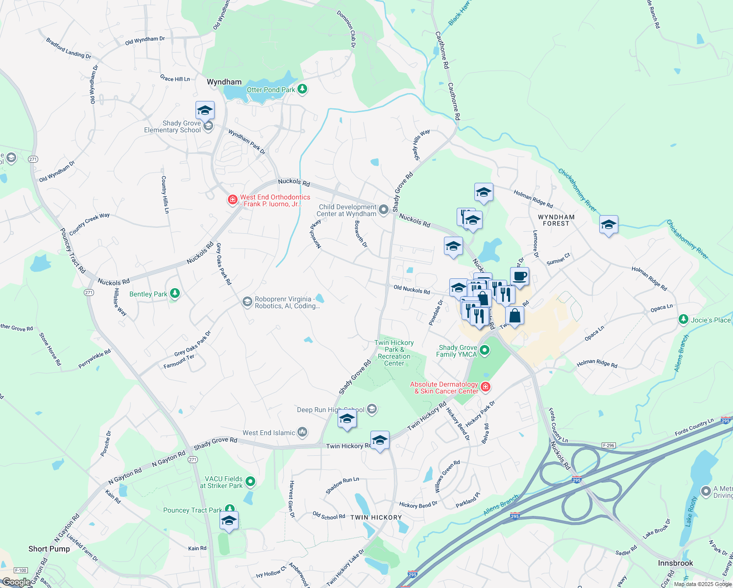 map of restaurants, bars, coffee shops, grocery stores, and more near 11717 Lincolnshire Court in Glen Allen